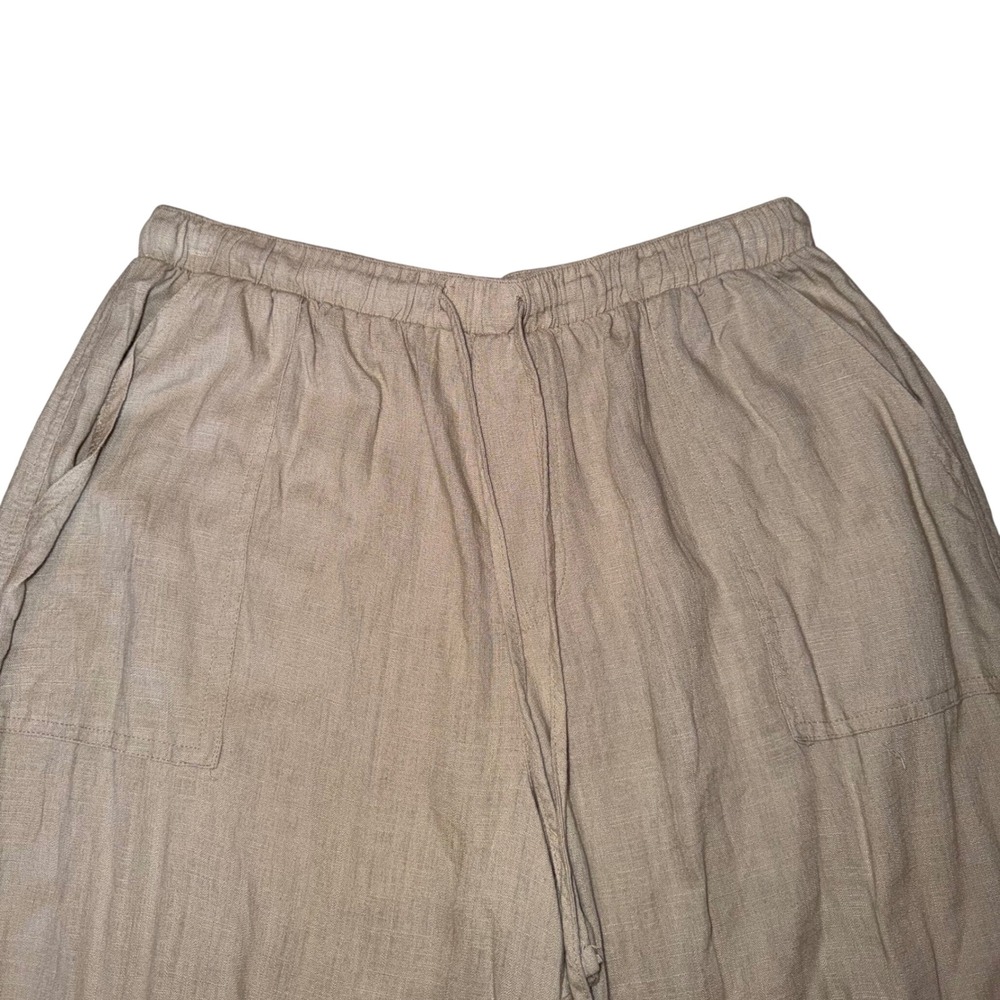 Womens‎ Tan Linen Blend Wide Leg Cargo Pants Elastic Drawstring Waist 31 Inseam